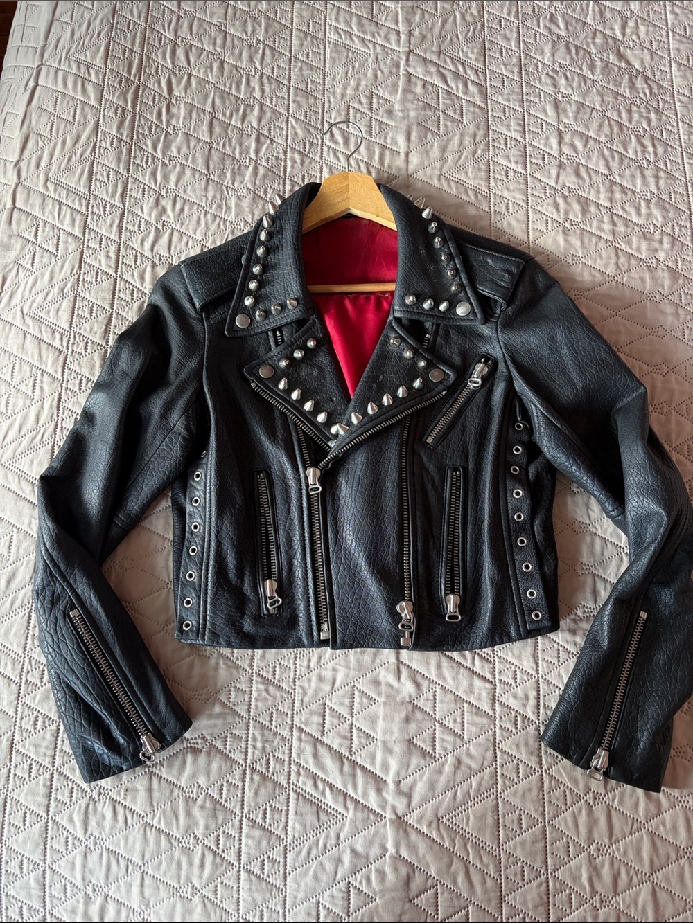 The Kooples Black Leather Studded Moto Jacket with Red Lining